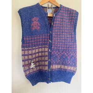 Blueberry Woolens Maine USA 100% Wool Bear Theme Sweater Vest - Bear Buttons! M